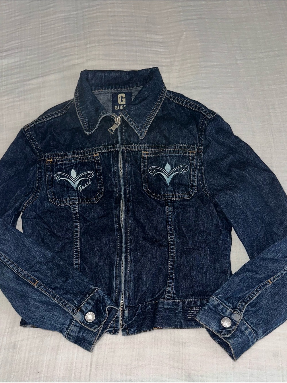 GUESS Dark Blue Denim Jacket with Embroidered Chest Pockets